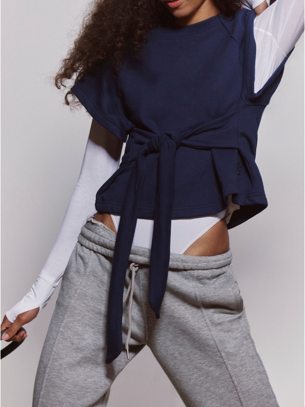 Free People Movement Navy Tie-Waist Short Sleeve Sweat Top